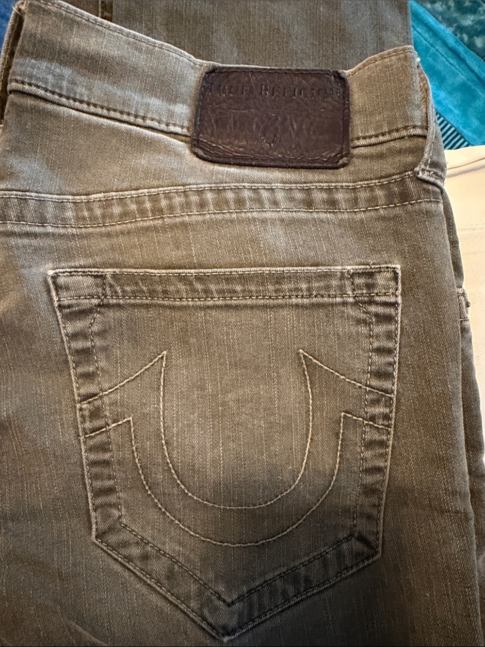 True Religion Men’s Slim Jeans in Faded Gray with Signature Pocket Stitch